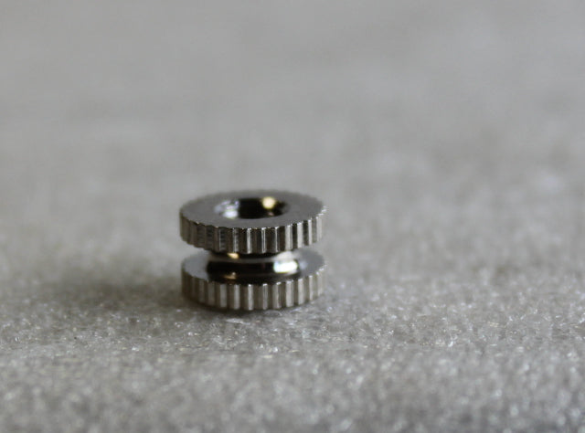 Small Knurled Brass Battery Nut - Tapped 8/32" F - Nickel Plated