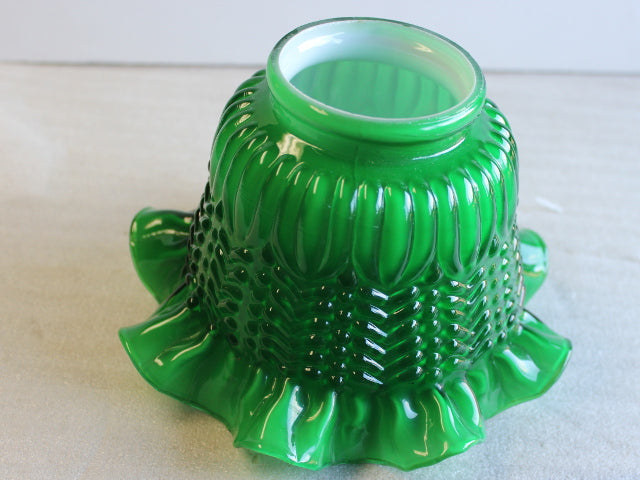 Decoratively Ruffled Cased Glass Gas Shade in Bright Green Hue showcasing a 3.25 inch fitter.
