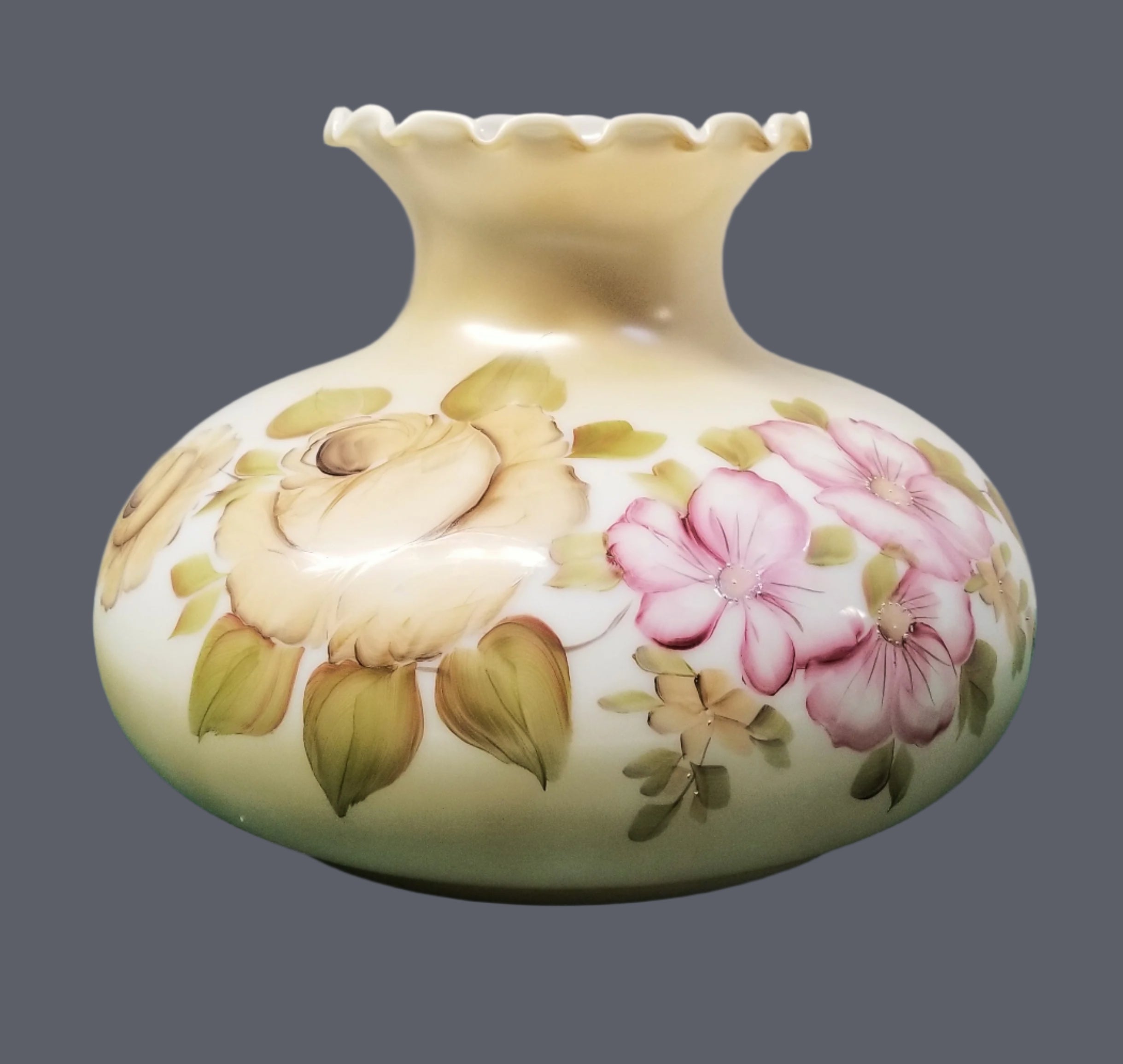 Antique Gold Hand Decorated Student Shade w/ Orchids & Peach Roses - Crimp Top