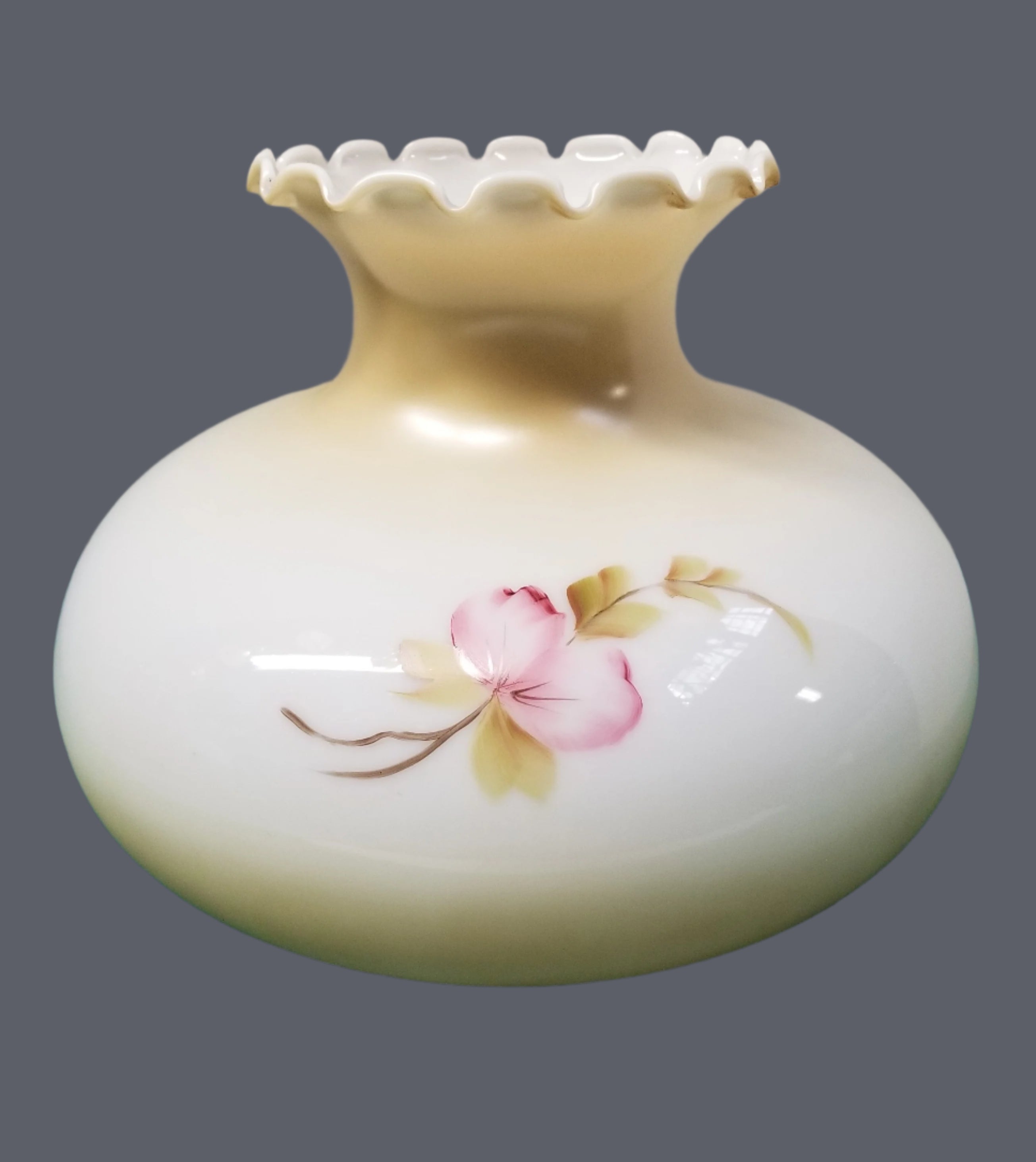 Antique Gold Hand Decorated Student Shade w/ Orchids & Peach Roses - Crimp Top